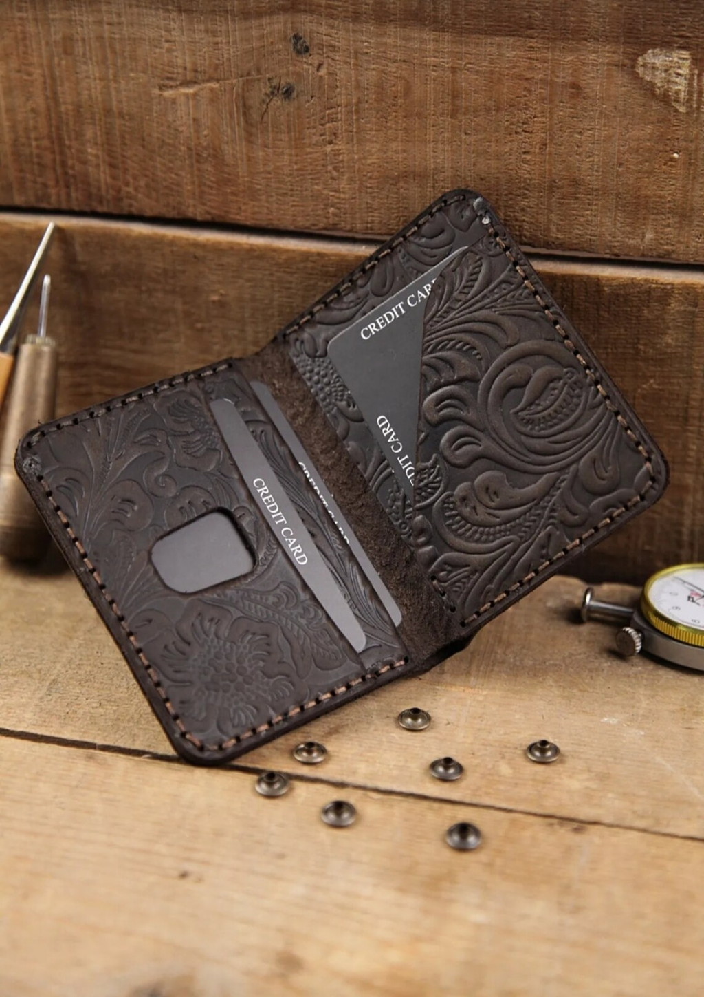 Handcrafted Western Floral Tooled Leather Card Wallet
