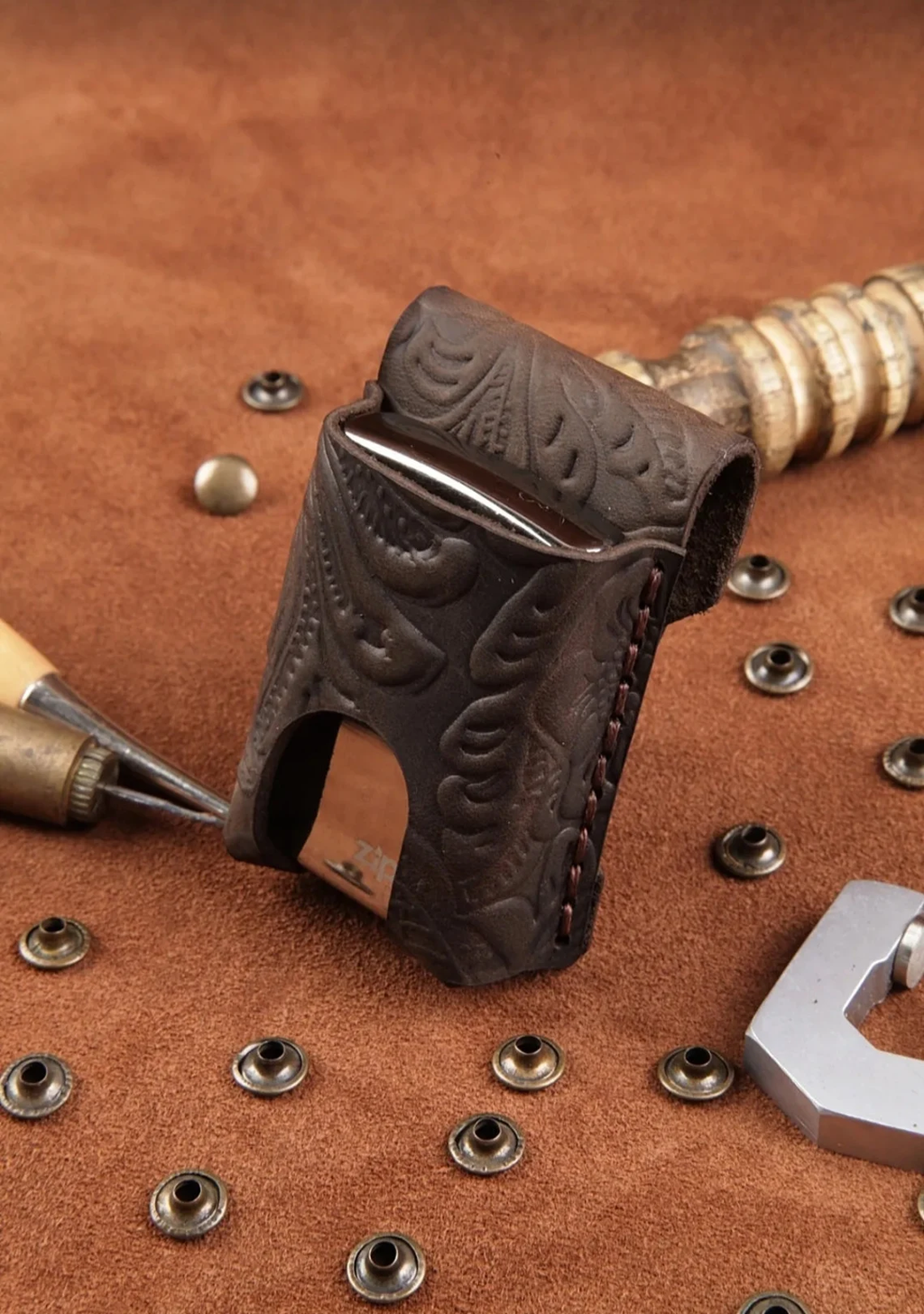 Handcrafted Western Tooled Leather Lighter Case with Belt Loop