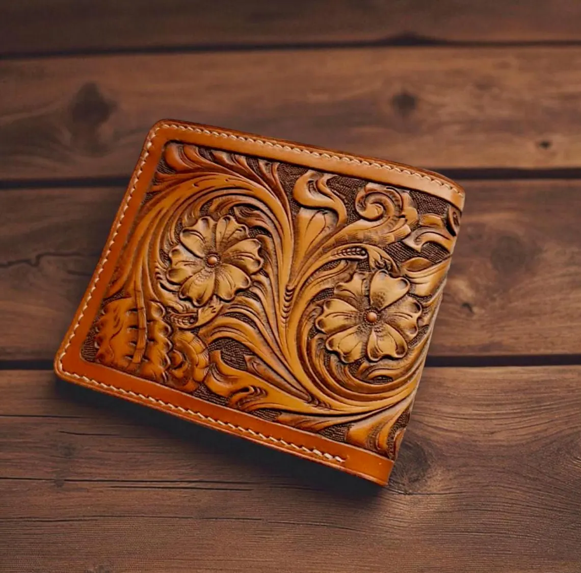 Handcrafted Western Floral Tooled Leather Bi-Fold Wallet