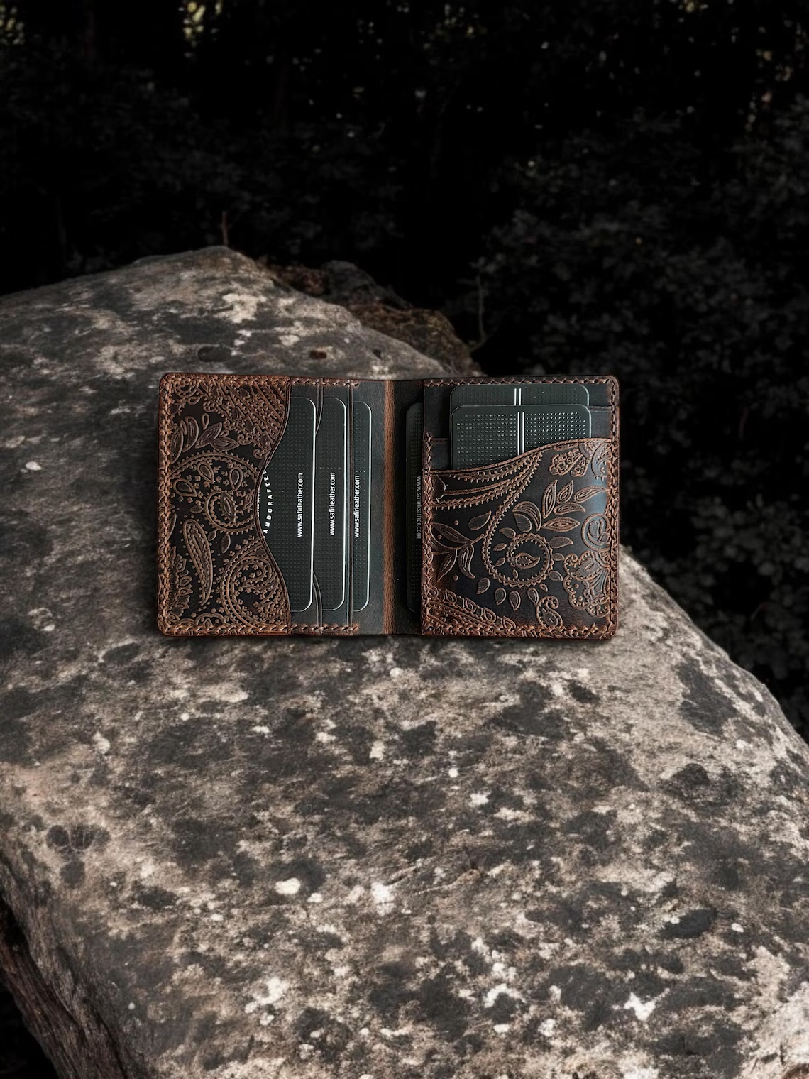 Handcrafted Paisley Embossed Leather Minimalist Bi-Fold Wallet