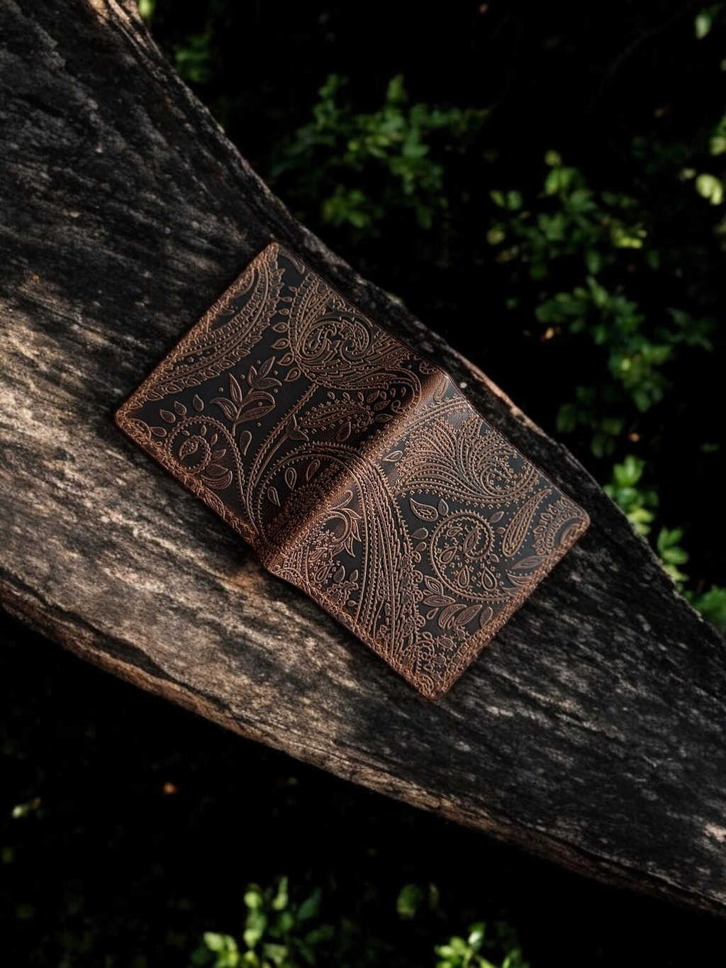 Handcrafted Paisley Embossed Leather Minimalist Bi-Fold Wallet