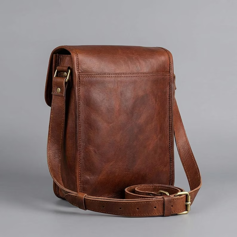 Handcrafted Vertical Leather Messenger Bag Crossbody Satchel