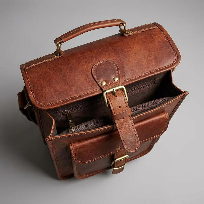 Handcrafted Vertical Leather Messenger Bag Crossbody Satchel