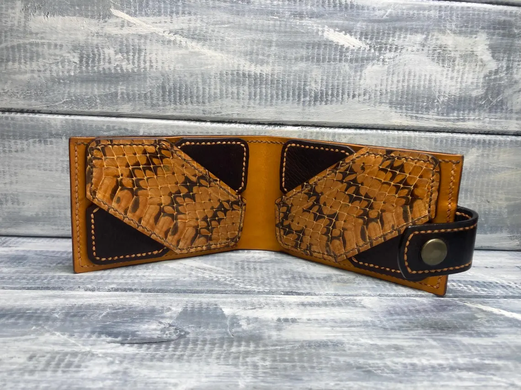 Handcrafted Geometric Tooled Leather Bi-Fold Wallet with Snap