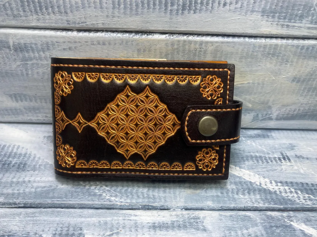 Handcrafted Geometric Tooled Leather Bi-Fold Wallet with Snap