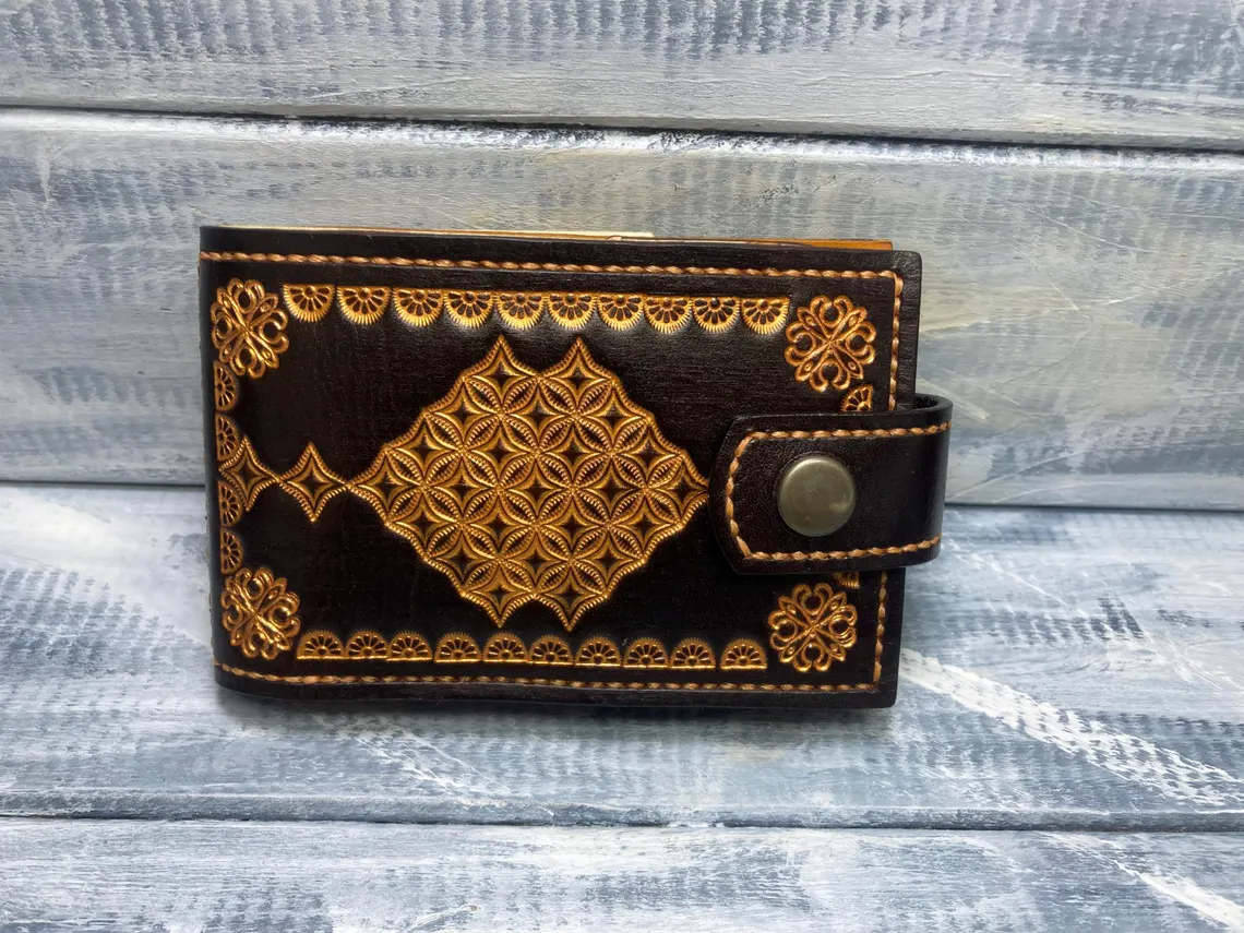 Handcrafted Geometric Tooled Leather Bi-Fold Wallet with Snap
