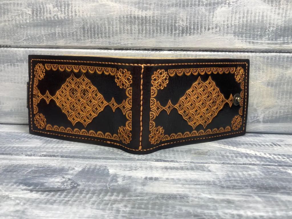 Handcrafted Geometric Tooled Leather Bi-Fold Wallet with Snap